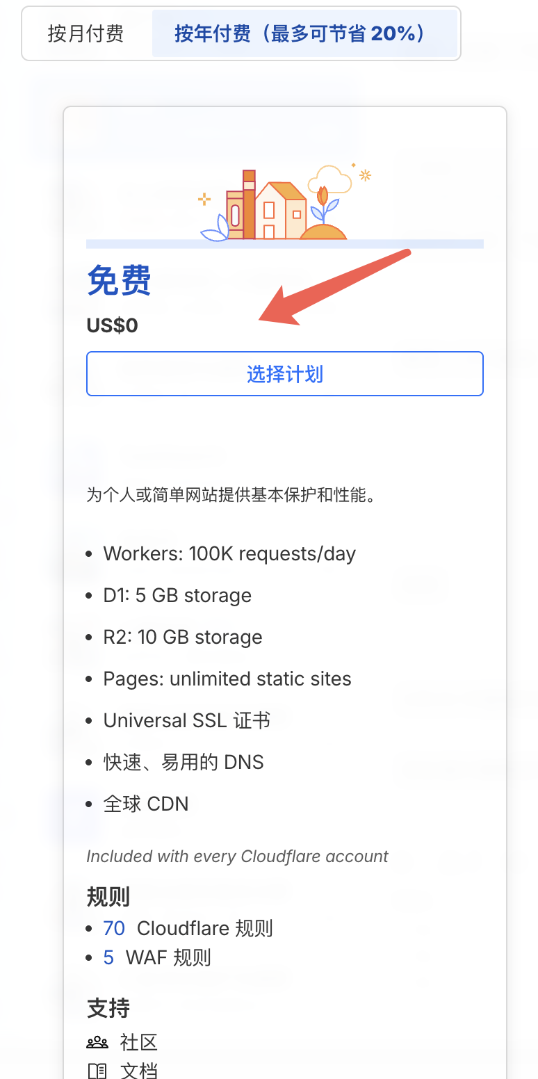 选择 Cloudflare 免费计划